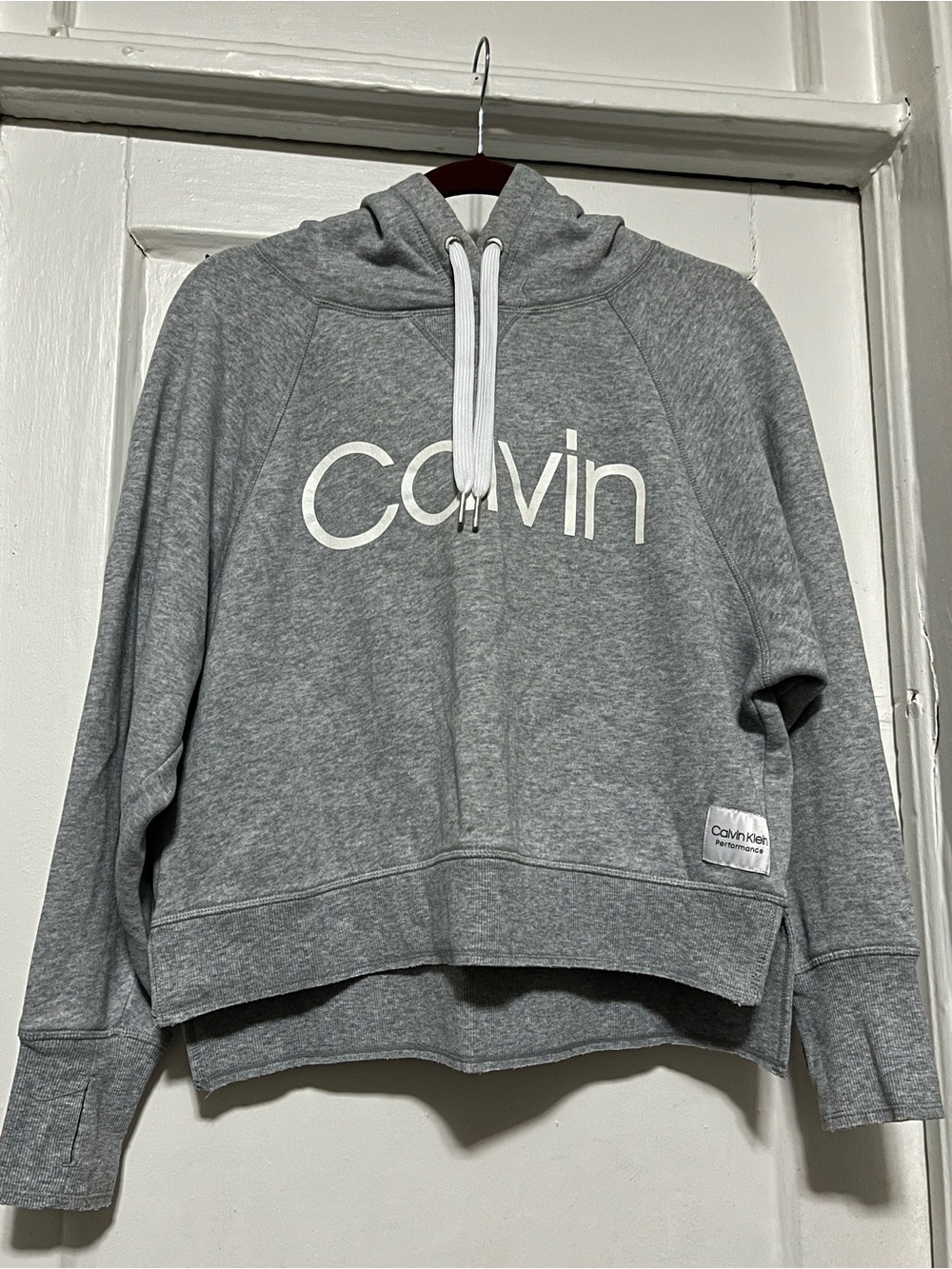 Calvin Klein Gray Pullover Hoodie with White Drawstrings
